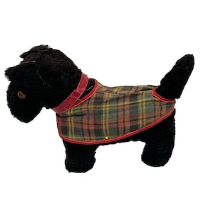 Antique Scottie Dog Plush Black Terrier Toy w/ Plaid Wool Jacket | 1900s Stuffed Animal | Vintage Nursery Decor | Early 20th Century
