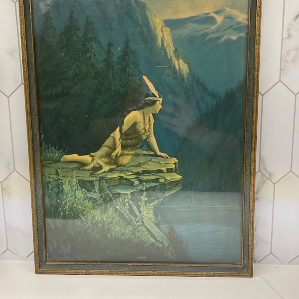 1930s R Atkinson Fox Native American Indian Maiden 17x13” Art Print Winona Art Deco Gold Green Parrish Style Frame