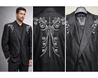 Traje de escenario vintage Western Rockabilly, chaqueta negra bordada, pantalón, talla 50R 42