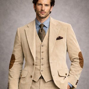 Puede incluir: Un traje de tres piezas de pana en color beige claro. La chaqueta tiene coderas marrones. El traje incluye un chaleco y pantalones a juego. Se ve una camisa azul y una corbata estampada. Un pañuelo de bolsillo añade un toque de detalle.