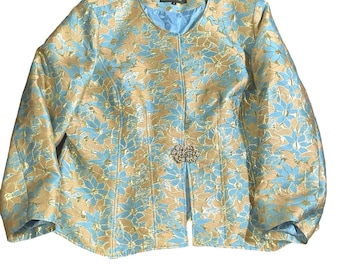 Susanna Beverly Hills Evening Jacket Light Blue Gold Brocade Jeweled Closure 16  Vintage Formal Wear