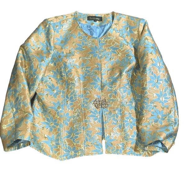 Susanna Beverly Hills Evening Jacket Light Blue Gold Brocade Jeweled Closure 16  Vintage Formal Wear