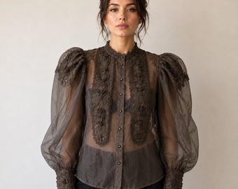 Lermaj vintage doorschijnende kanten blouse met kralen, gotische romantische top met pofmouwen 14