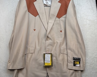Vintage Western Suit Mens 42R Beige Cognac Cowboy Rockabilly 2 Piece