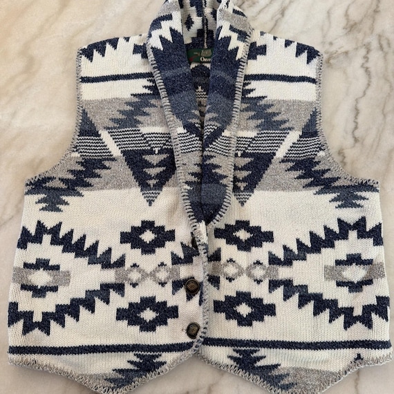 Orvis, Vintage Orvis Womens Sweater Vest Blue Southwestern Geometric Button Front M