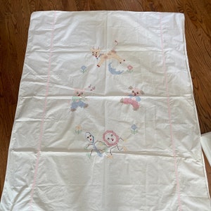 Hand Stitched Cross Stitch Coverlet Kitschy Toddler Bed Nursery Rhyme Animal Dog Childrens Cotton Bedding Baby Nursery