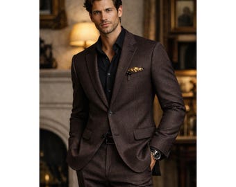 Versace Suit Brown Geometric Linen Blend Classic Fit Italian Two Piece 42L