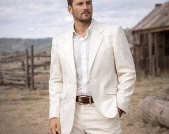 White Western Suit Mens Wedding Jacket Pants Set 42R 34 Rockabilly Vintage