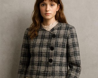 Chaqueta asimétrica de lana a cuadros para mujer Pendleton, gris y negra, estilo vintage, talla 14 Academia