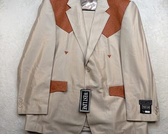 Vintage Western Suit Mens 46R Tan Cognac Cowboy 2 Piece Rockabilly Retro