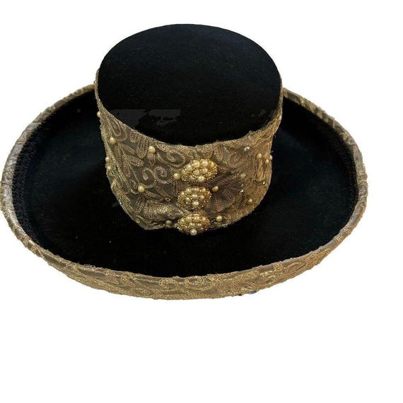 Whittall & Shon Black Wool Hat: Gold Lace, Pearl Victorian  display picture 2