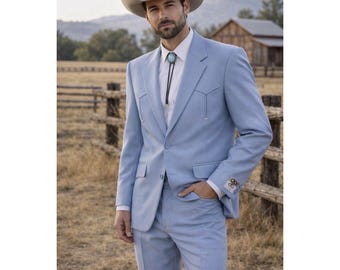 Completo da cowboy vintage da uomo, taglia 42R 34, azzurro chiaro, stile cowboy, rodeo, ranch, nuovo di zecca.