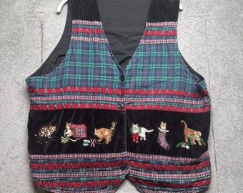 猫のクリスマスベスト 刺繍入り ホリデー タータンチェック ヴィンテージ レディース 16