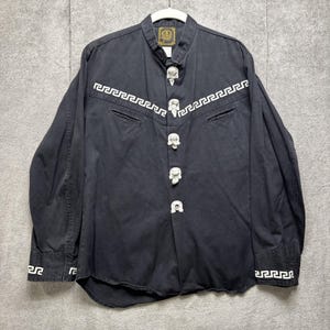 Vintage 90s Black Cowboy Shirt Men’s Large – Charro Rodeo Style with Leather Stitch Buttons & Greca Embroidery – Made in Mexico