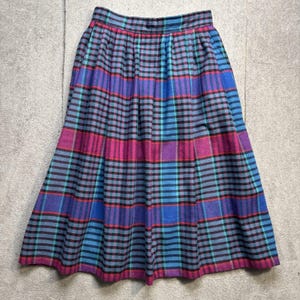 ヴィンテージチェック柄ウールプリーツミディスカート ブルーパープルアカデミア秋服ポケット付き