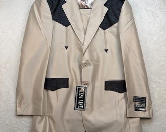 Terno vintage estilo western masculino, tamanho 40R 34, bege e preto, estilo rockabilly, novo em folha.