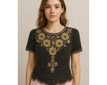 Papell Boutique Evening Black Gold Beaded Silk Top Cocktail Party Large