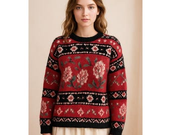 ヴィンテージ ハンドニット レッド フローラル セーター フェアアイル コテージコア レディース ミディアム 90年代