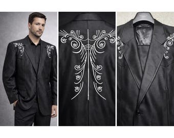Vintage Western Rockabilly Stage Suit Black Embroidered Jacket Pants 44R 36