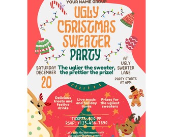 May include: A festive red and white Ugly Christmas Sweater Party invitation. The design includes illustrations of a Christmas tree, reindeer, and gingerbread man. The text includes the date, time, and RSVP information for the event.