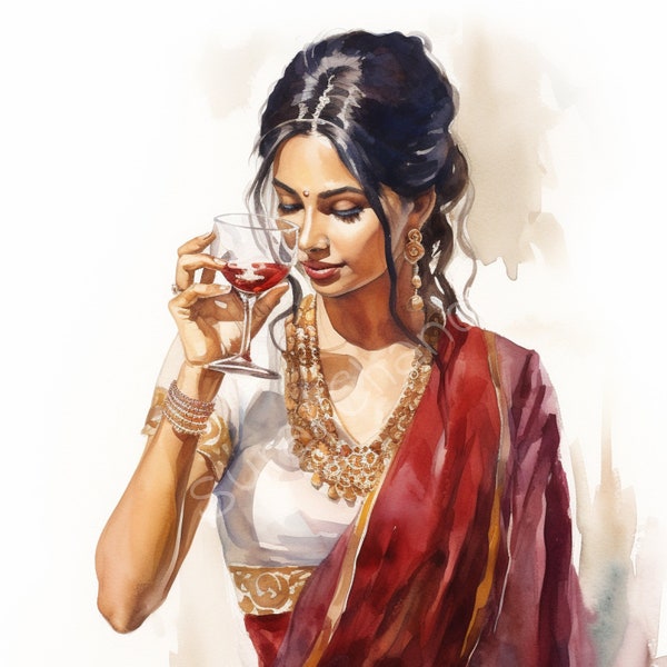 Indian Woman Drinking Wine, Desi Art, Indian Wall Art, South Asian Art, Brown Girl, South Asian Prints, Digital Download, 300 DPI, Wine Art