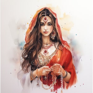 May include: A watercolor painting of a woman wearing a red and gold sari with intricate jewelry. Her hair is long and dark, and she is looking at the viewer. The background is a soft, watercolor wash of yellow and blue.