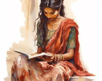 Indian Woman Reading Art Print | Desi Art, Saree Watercolor (Digital Download)