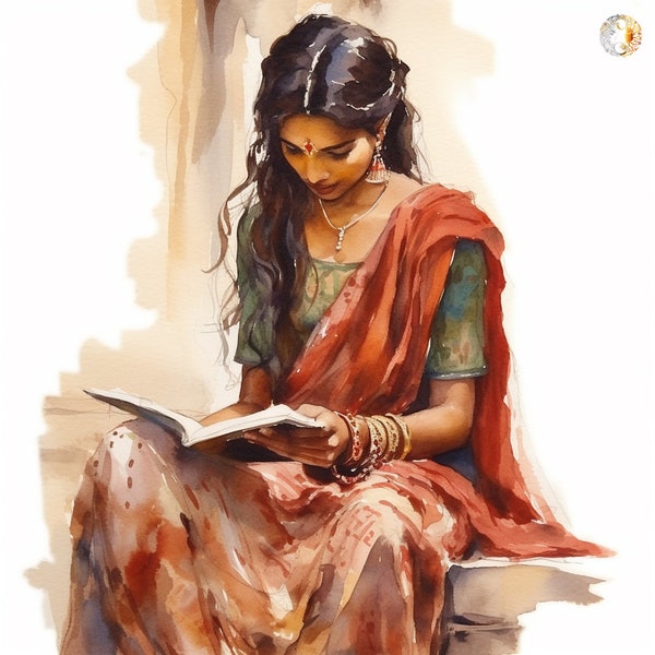 Indian Women Art Saree Reading Book Watercolor Art Desi Art Indian Book Lovers Art South Asian Art Indian Art Tamil Girl Brown Girl 300 DPI