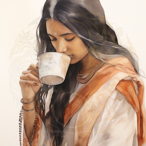 May include: A woman with long dark hair is drinking from a white cup. She is wearing a white and orange sari and a beaded necklace.