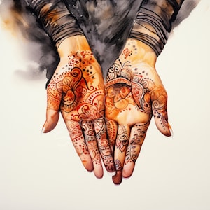 May include: A pair of hands with intricate henna designs in shades of red, orange, and black. The henna is applied to the palms and fingers, creating a beautiful and traditional pattern.