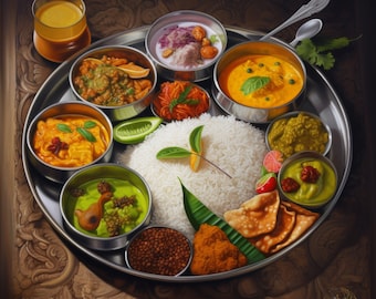 May include: A silver platter with a selection of Indian dishes, including rice, curry, and vegetables. The platter is set against a decorative wooden background.