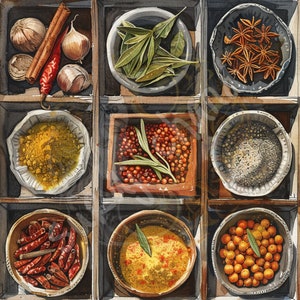 May include: A watercolor painting of a wooden tray with nine compartments, each filled with different spices and herbs. The compartments contain bay leaves, star anise, dried chili peppers, curry powder, peppercorns, dried berries, and other spices.