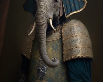 Puede incluir: Un retrato de un elefante con un casco y una armadura dorados y azules. El elefante tiene una trompa larga y colmillos grandes. La armadura está decorada con intrincados patrones.
