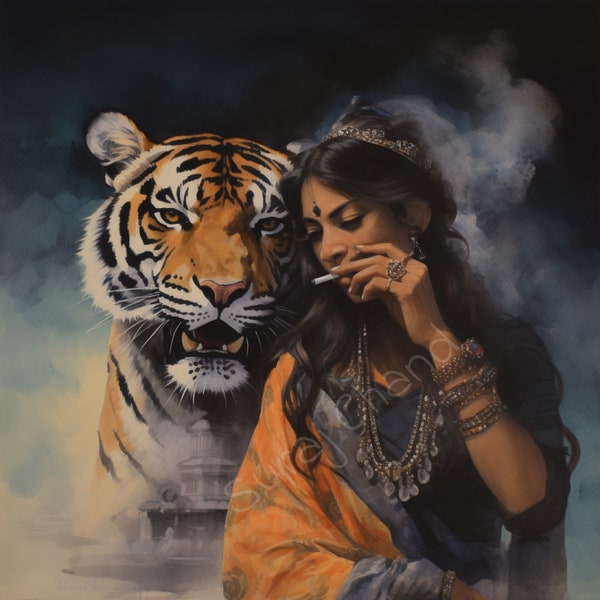 Indian Baddie Art Indian Art Indian Woman with Tiger Art Tiger Print Desi Art South Asian Art Brown Girl Tamil girl American Indian PNG