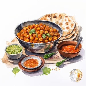 May include: A watercolour painting of a bowl of chickpeas with a side of flatbread, green peas, and a small bowl of red sauce. The food is arranged on a brown surface with green chilli peppers and parsley.