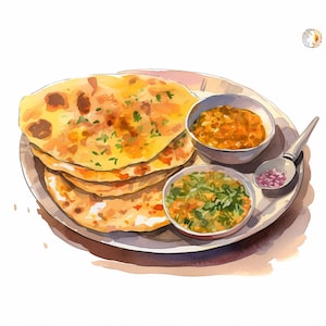 Roti and Dal | Indian Thali | Watercolor Painting| Digital Art | Food illustration | Indian Art | Chutney | Kitchen Décor | Instant Download