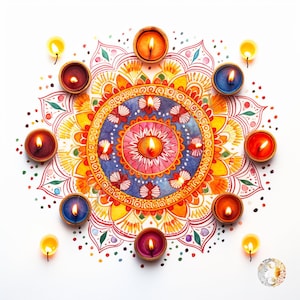 Op de afbeelding: Een kleurrijk mandala-ontwerp met een centrale cirkel omgeven door kleinere cirkels en ingewikkelde patronen. De mandala is versierd met kleine, brandende theelichtjes in verschillende kleuren, waaronder rood, oranje, geel en blauw.