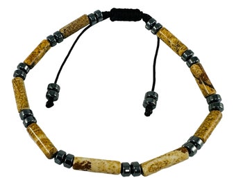 Mens Tube Stone Adjustable Bracelet,Handmade Jewelry for Men,Picture Jasper Bracelet Healing Meditation Bracelet,Unique gifts for men him