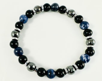 Protection Stretch Mens Bracelets,Men Bracelet,Black Blue Gray Sodalite Hematite Beaded Men Bracelet,Simple Men Bracelet,Men Beaded Bracelet