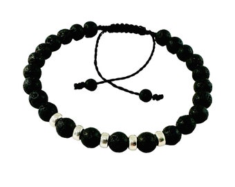 Silver Black Men Bracelet,Difusser Oil Lava Stone Bracelet,Jewelry for Men,Black Beaded Stone Adjustable Bracelet,Healing Protection Bracele
