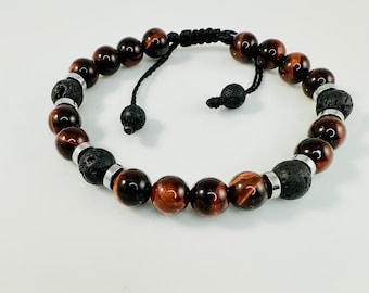 Mens Bracelet Red Tigers Eye Lava Stone Bracelet,Handmade Jewelry for Men,Black and Red Difusser Beaded Stone Bracelet,Unique gifts for men