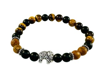 Silver Elephant Bracelet,Lucky  Elephant Men Bracelet,Animal Men Bracelet,Tiger Eye Black Onyx Evil Eye Men Bracelet,Elephant Men Bracelet