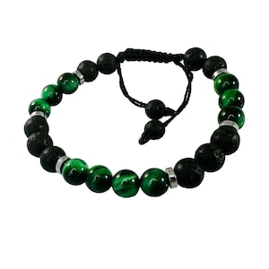 Mens Bracelet Green Tigers Eye Lava Stone Bracelet,Handmade Jewelry for Men,Black Green Difusser Beaded Stone Bracelet,Unique gifts for men