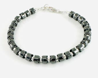 Sterling Silver Hematite Men Stone Bracelet,Hematite Bracelet,Healing Meditation Bracelet,Handmade Jewelry Unique gifts for Men Him