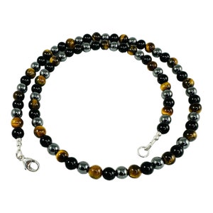 Mens Necklaces,Triple Protection Necklace, Tigers Eye Black Onyx Hematite Necklace,Handmade Jewelry for Men,Black Yellow Gray Necklace