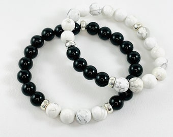 His and Hers Matching Long Distance White Howlite Black Onyx Bracelets Set,Father Son Bracelet,Boyfriend Girlfriend Anniversary Relationship