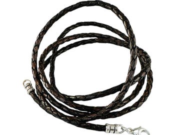 3mm Genuine Black Brown Real Braided Leather Cord Necklace For Pendant (14"-24" Inches),Sterling Silver Ends And Lobster Clasp Made To Order