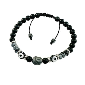 Lucky Buddha Protection Evil Eye Negro Blanco Hombres Pulsera,Pulsera de hombres minimalista,Pulsera de hombres de hematita obsidiana de ágata de ónix negro,Buena suerte