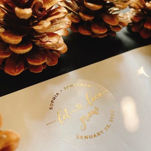 Autocollants déjoués personnalisés, autocollant de mariage avec une vraie feuille, sceaux d'enveloppe déjoués, argent, or rose, autocollants de faveur de mariage déjoués