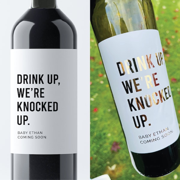 Drink up We're knocked up, Baby Announcement Wine Labels, Gift for Aunt, Uncle, Pregnancy Announcement Wine Labels, Gift for Aunt label
